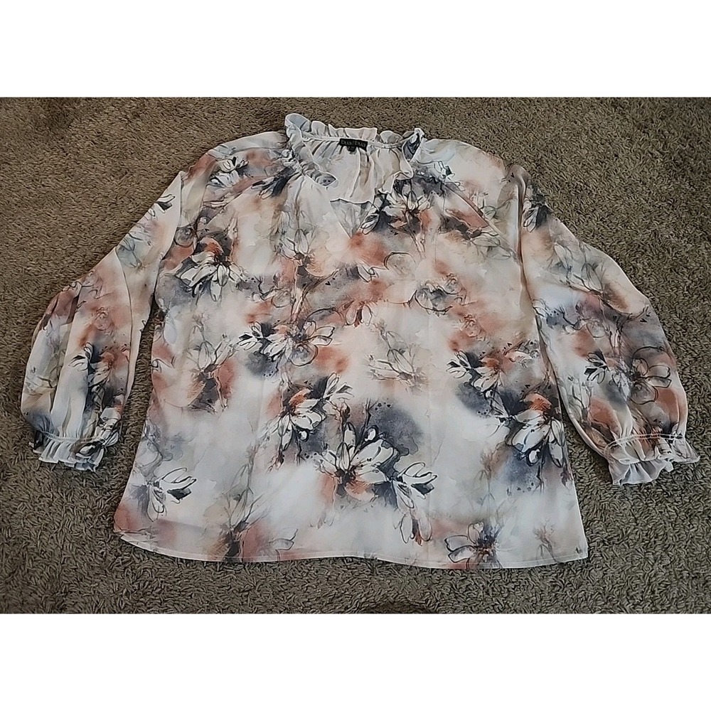 Bua Bua Fall Floral Print Blouse Bubble Sleeves Split V-Neck Size 2X Chiffon